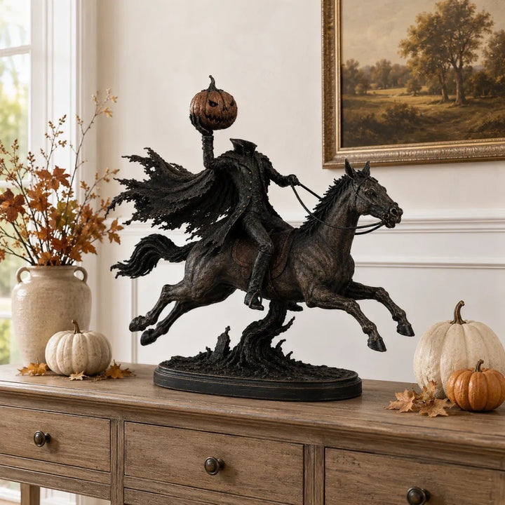 Dekorative Halloweenfigur auf Pferd mit Kürbis Karnz