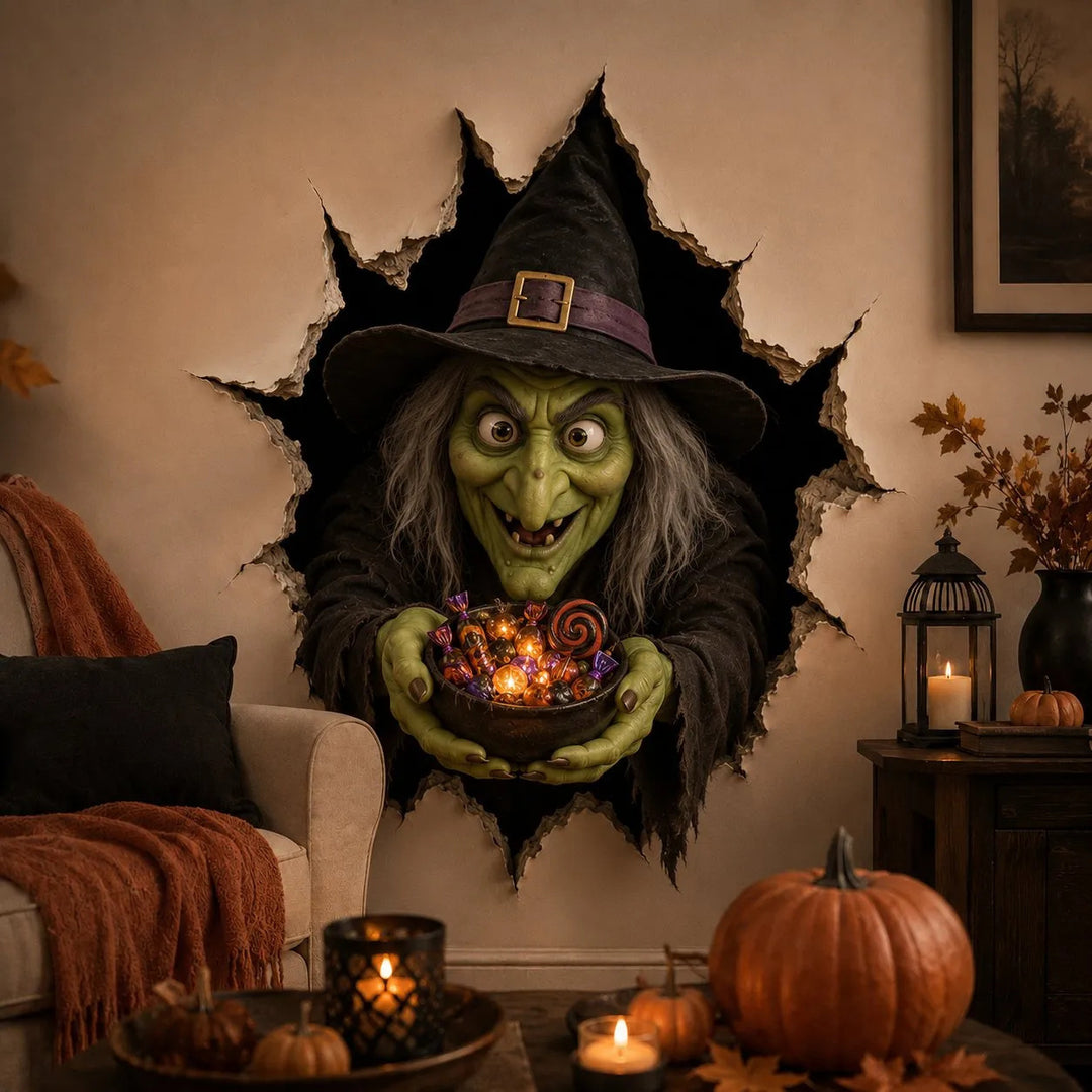 Dreidimensionaler Halloween-Wandsticker Hexe mit Loch-in-Wand-Effekt und Kürbislaterne