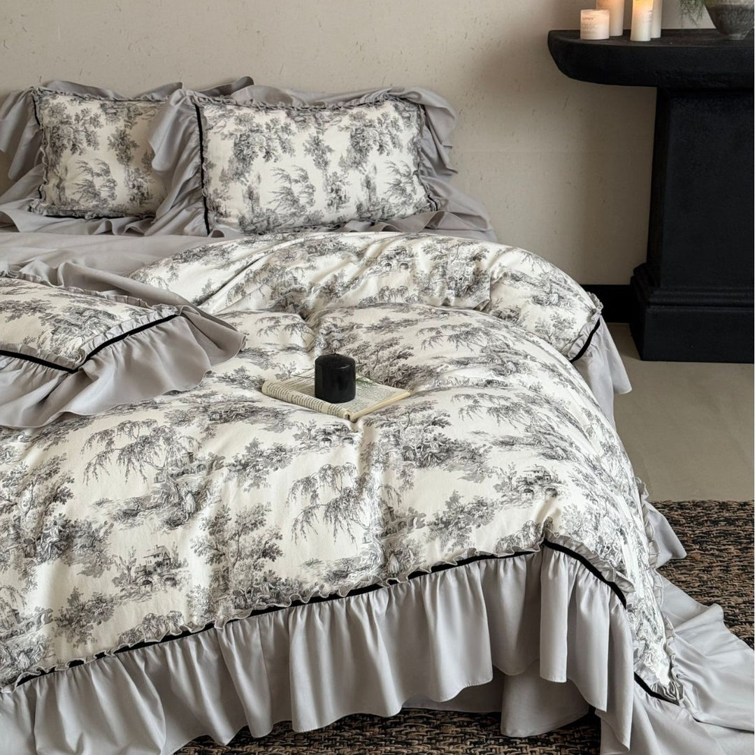 Bettwäsche-Set mit Rüschen und Toile-Motiv
