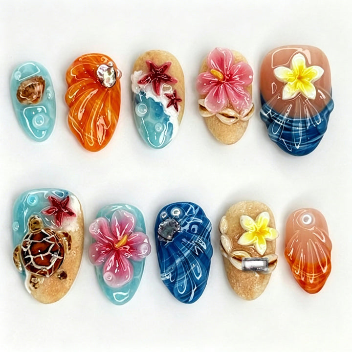 Kunstnagelset mit maritimen Motiven und 3D-Elementen Karnz