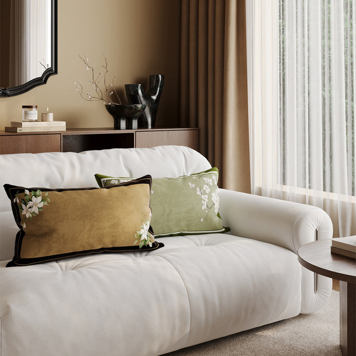 Decorative Rectangular Linen-Blend Lumbar Pillow Cover with Oriental Bird and Blossom Print and Contrast Velvet Border