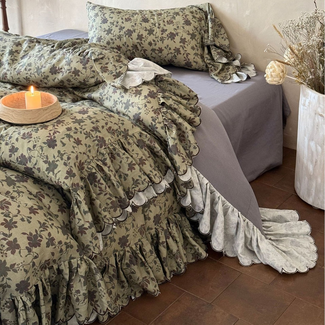 Florales Rüsch-Baumwoll-Leinen-Bettbezug-Set mit gewelltem Kissenbezug