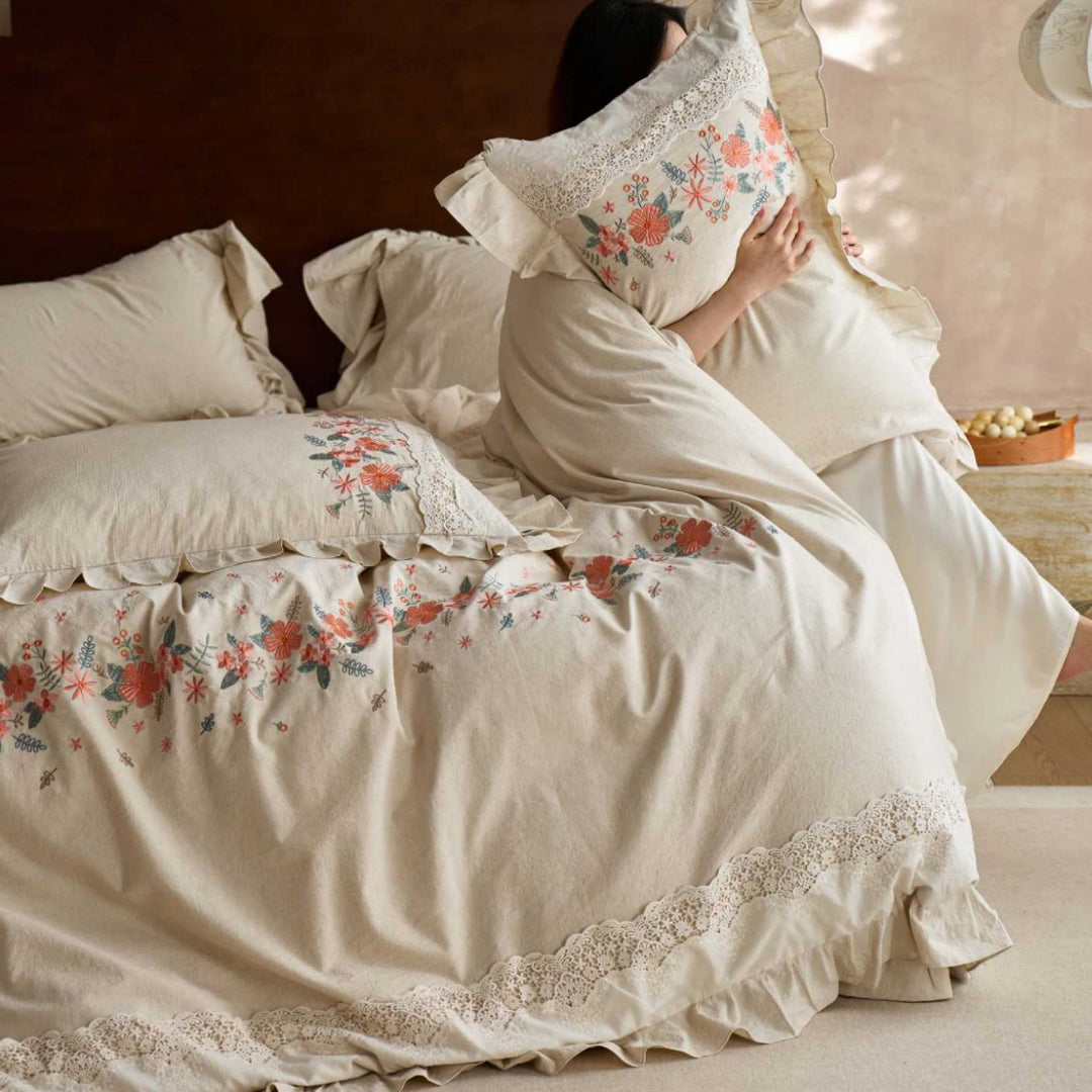 Bestickte Blumen Volant Baumwoll Bettwäsche Set