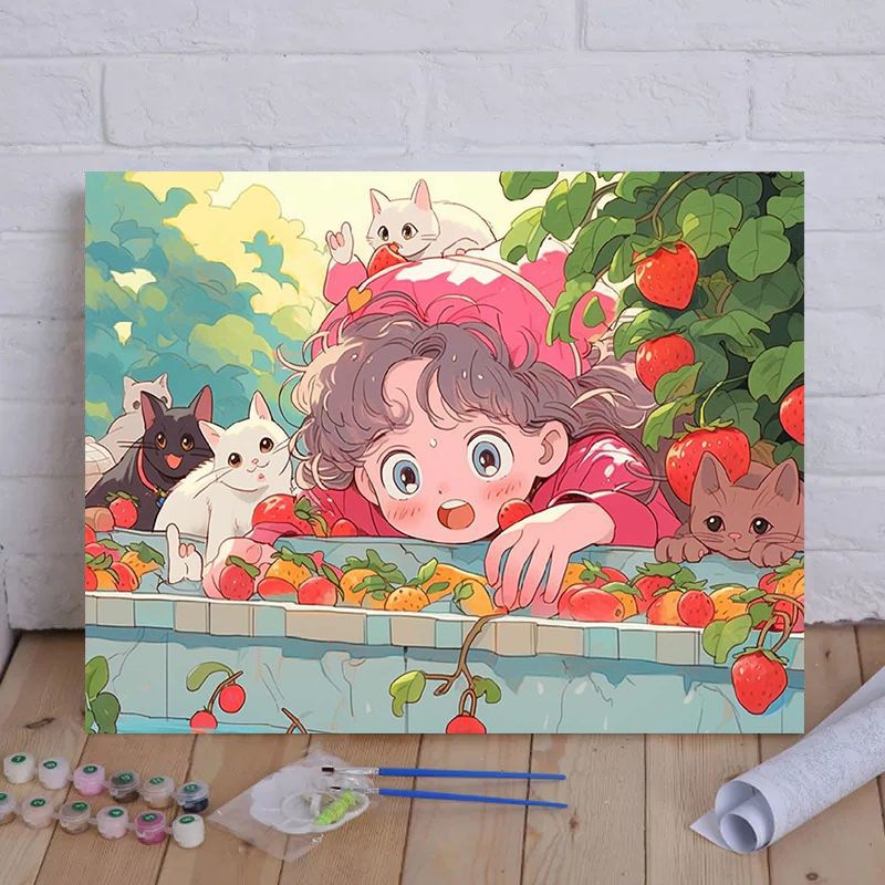 Cartoon Cat und Mädchen Themenleinwand Malset nach Zahlen Karnz