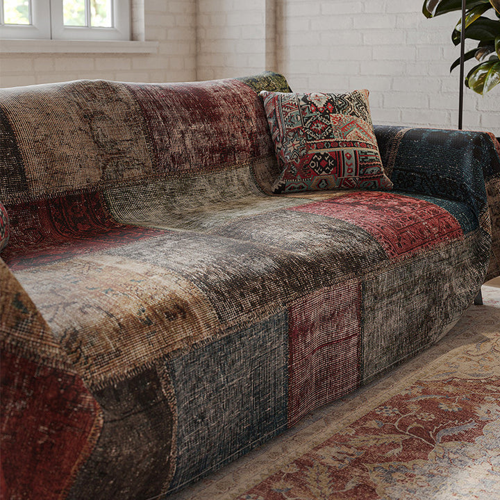 Patchwork Vintage-Style Reversible Sofa Slipcover with Matching Pillow Cover