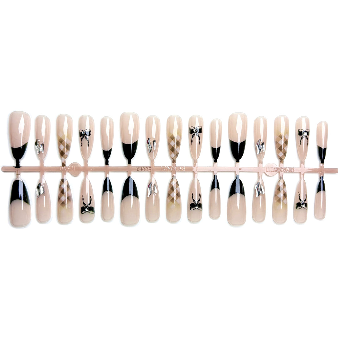 Elegantes Press-On-Nagelkunstset mit stilvollem Bogen und geometrischen Designs