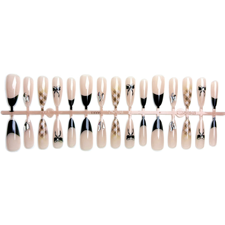 Elegantes Press-On-Nagelkunstset mit stilvollem Bogen und geometrischen Designs