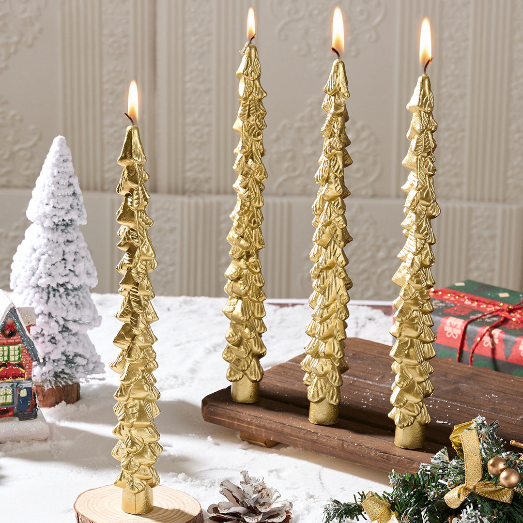 Hand-texturierte Weihnachtsbaum-Stabkerzen-Set für Feiertagsmittelstücke