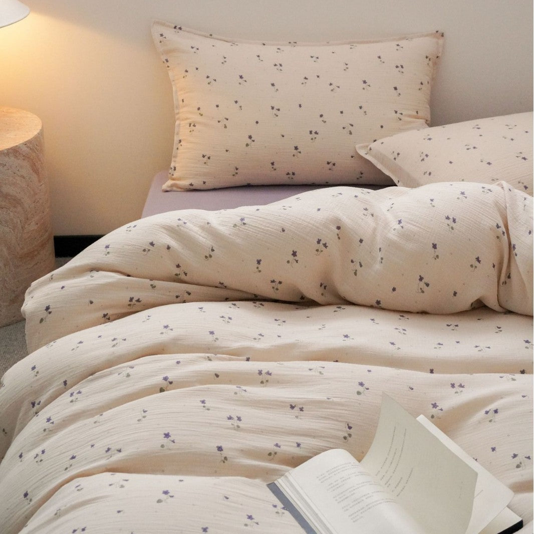 Textured Cotton Gauze Duvet Cover Set with Plush Overfilled Comforter