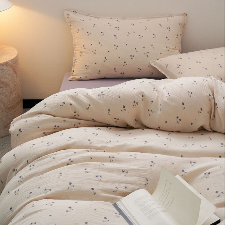 Textured Cotton Gauze Duvet Cover Set with Plush Overfilled Comforter