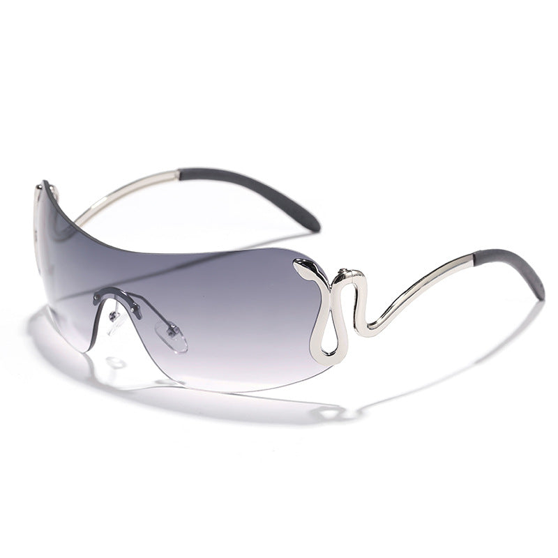 Damen modische futuristische Sonnenbrille mit geschwungenem Rahmen Karnz