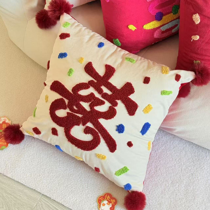 Buntes Chenille-geplüschtes quadratisches Wurfkissen mit plüschigen Pom-Pom-Ecken und abnehmbarem Einsatz