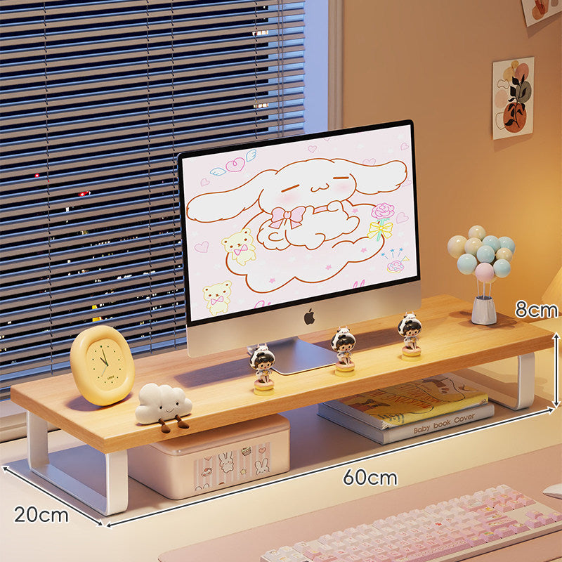 Kompakte Holz-Desktop-Monitorerhöhung mit Metallbeinen und unterer Ablagefläche