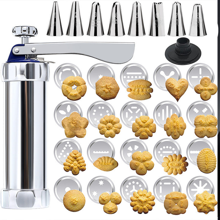 Adjustable Stainless Steel Cookie Press Set with Assorted Decorative Discs and Icing Nozzles