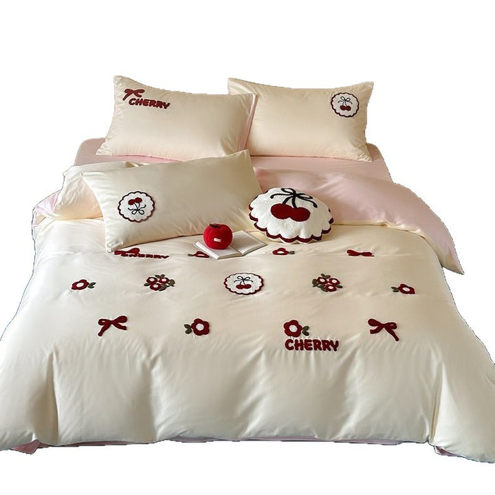Bestickte Kirsche & Schleife Baumwolle Bettbezug Set mit Wendemuster