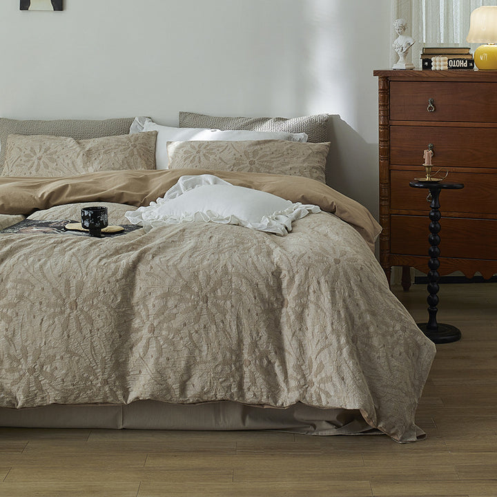 Gewaschenes botanisches Jacquard-Bettbezug-Set mit strukturiertem Matelassé-Finish
