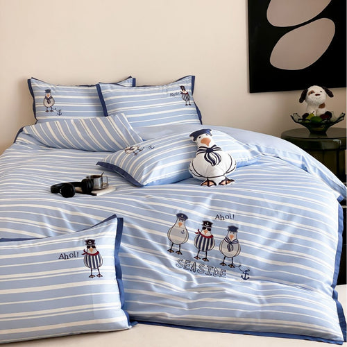 Seaside Stripe Baumwollsatin Bettbezug Set mit bestickten Möwe Kissenbezügen