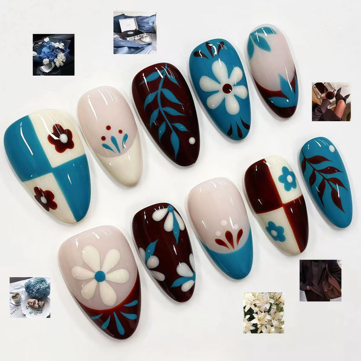 Künstlerisches Press-On Nagelset mit floralem und geometrischem Design