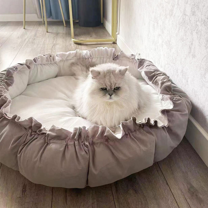 Runde Plüsch-Katzenbett mit Rüschenkanten Hundebett