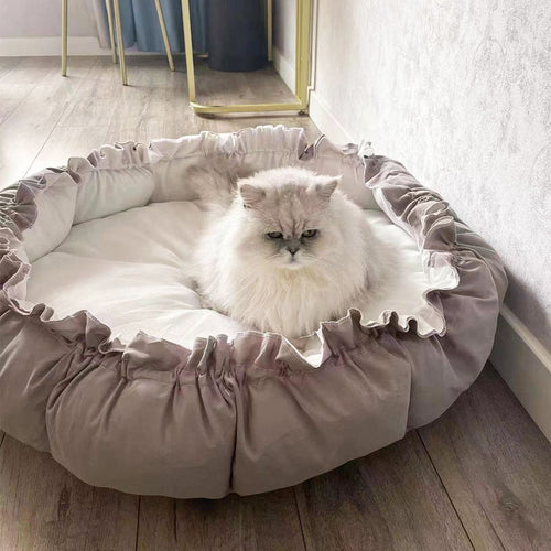 Runde Plüsch-Katzenbett mit Rüschenkanten Hundebett