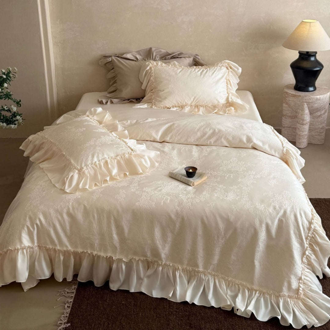 Rüsch Jacquard Blumen Bettwäsche und Kissenbezug Set