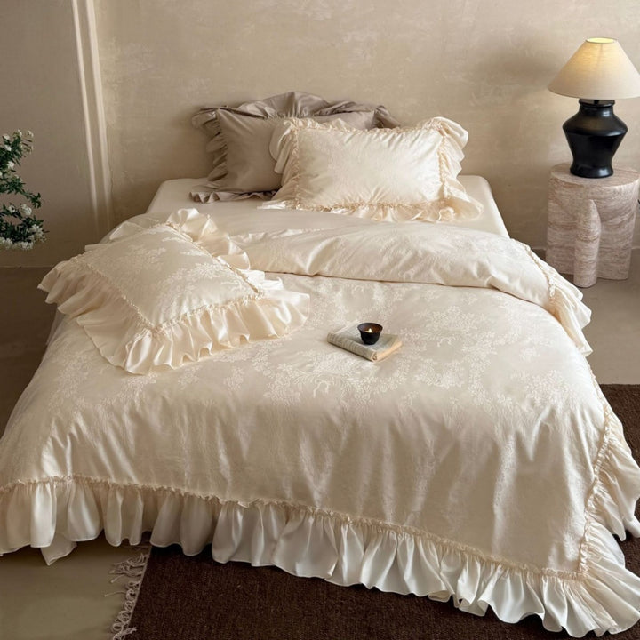 Rüsch Jacquard Blumen Bettwäsche und Kissenbezug Set