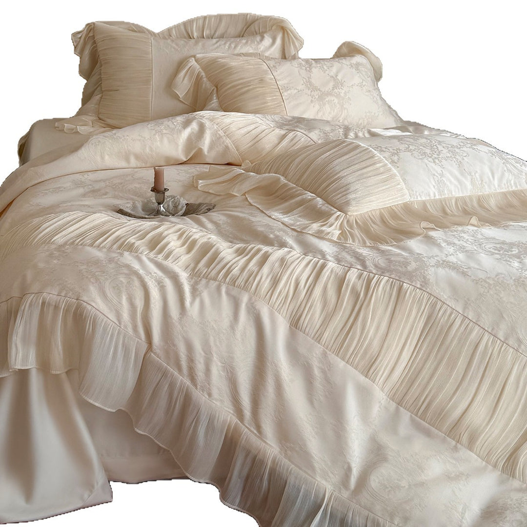 Luxuriöses Jacquard-Satin Bettwäsche-Set mit gepolstertem Chiffon-Rüschensaum & Oxford-Kissenbezügen