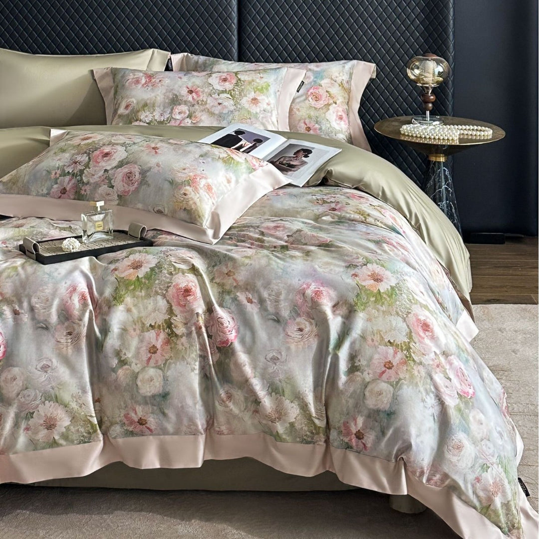 Premium-Baumwoll-Satin-Bettwäschegarnitur mit detailliertem Botanischem Toile-Motiv und Satinbordüre