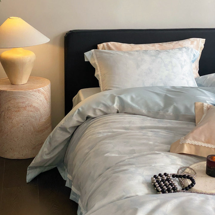 Luxuriöser Satin-Jacquard Bettbezug Set mit Spitzenbesatz Kissenbezügen