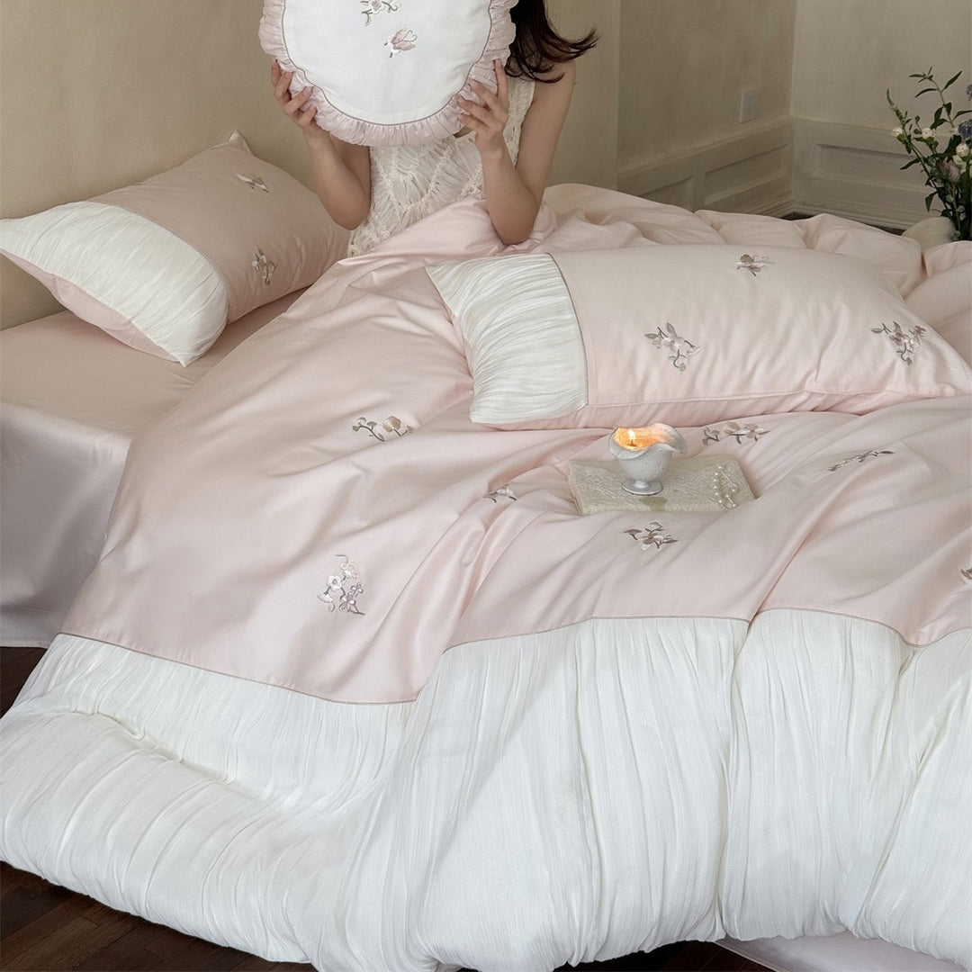 Besticktes romantisches plissiertes Baumwollsatin Bettbezug-Set