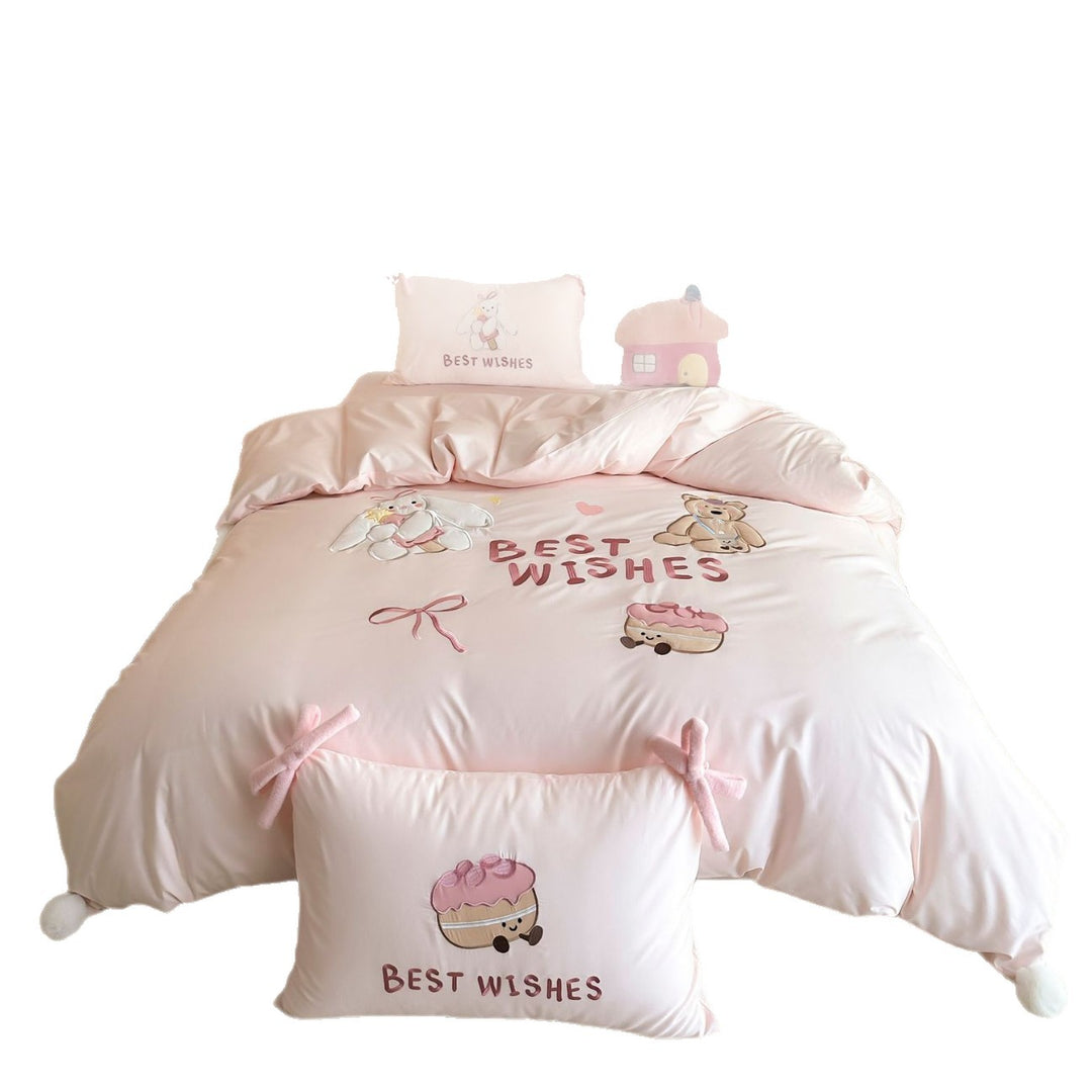 Kinder-Bettwäsche-Set mit applizierten Tiermotiven, Schleifenbesatz und weichem Baumwollfinish