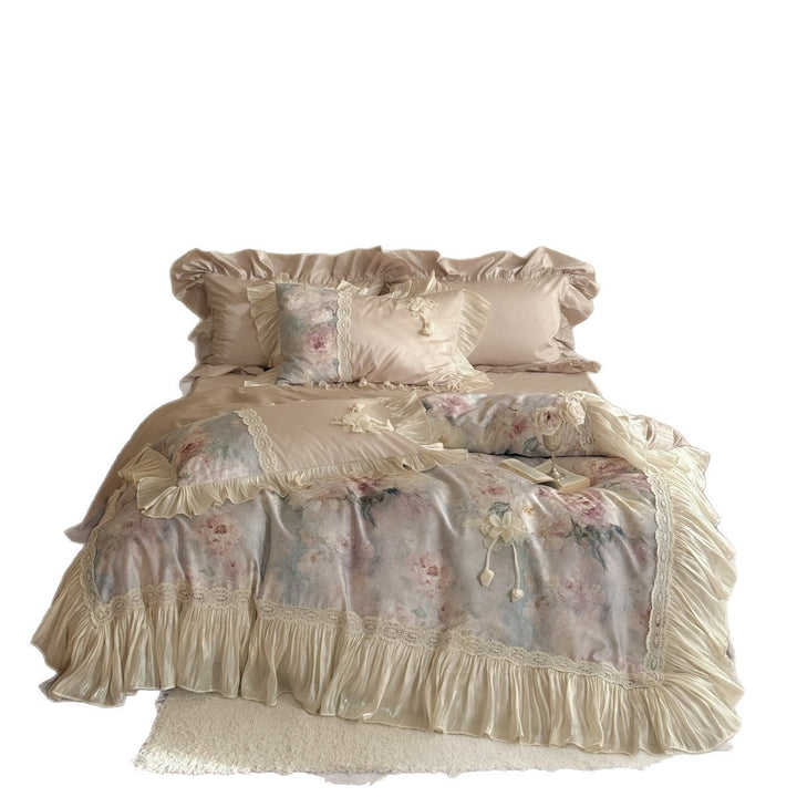 Romantisches Rüschendes Floral-Aquarell-Bettwäsche Set mit Spitzendetails und Satin-gefühl Kopfkissenbezügen