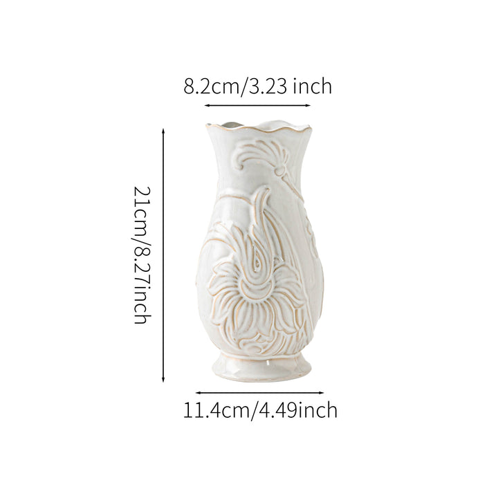 Gravierte Keramiktasten-Vase mit Wellenkante und floralem Relief