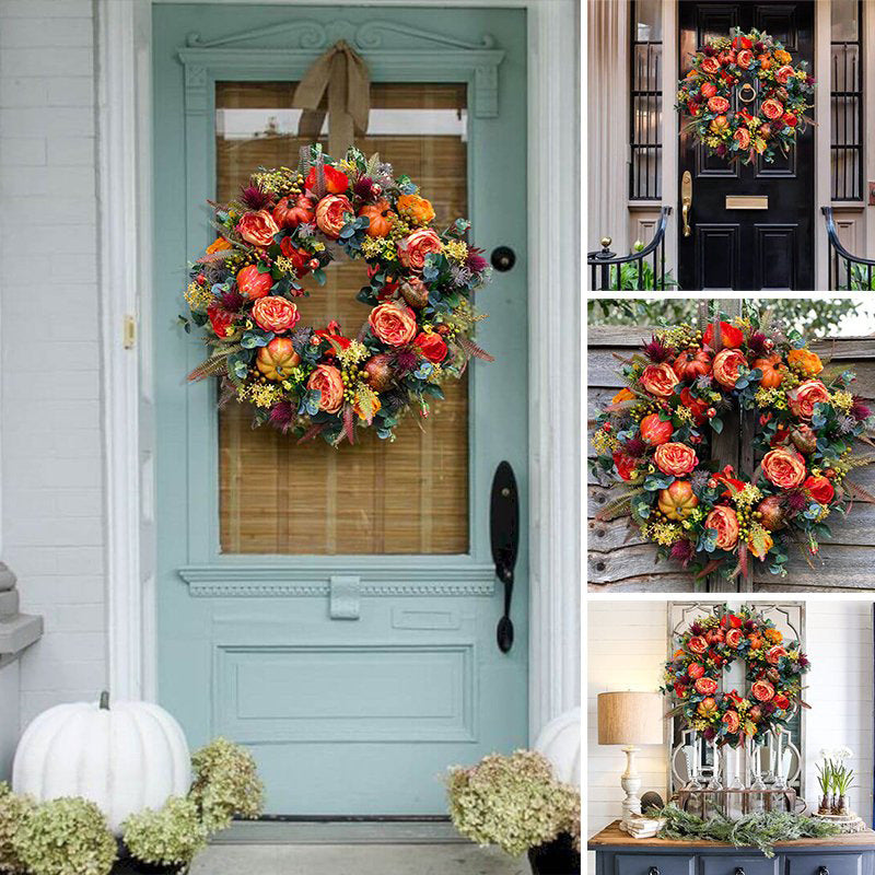 Herbstlicher Türkranz mit kunstvollen Rosen, Mini‑Kürbissen und Eukalyptuszweigen