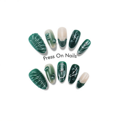 Künstlerisches Press-On-Nagel-Set mit botanischen Texturen Karnz