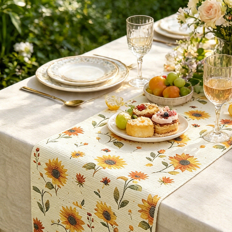 Gewebter Tischläufer mit floraler Wiesenblumen-Jacquard und Fransen Karnz