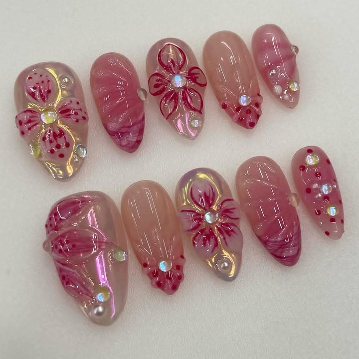 Künstlerisches 3D-Blumen-Design Press-On Nagelset