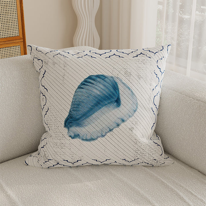 Decorative Coastal Shell Print Square Throw Pillow Cover with Textured Woven Fabric