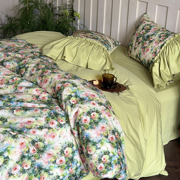 Luxuriöses Baumwoll-Bettwäsche-Set mit Volant, Rüschen und Aquarell-Rosenprint