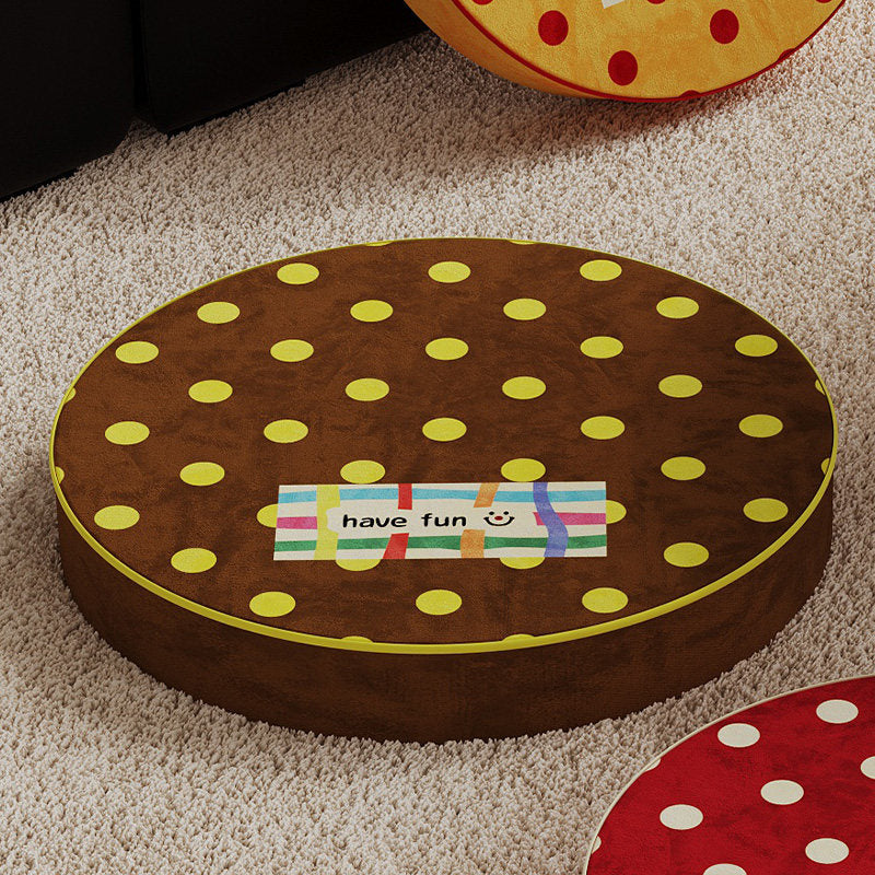 Round Plush Floor Cushion Pouf with Polka Dot Texture and Playful Have Fun Patch