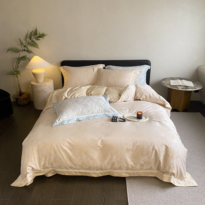 Luxuriöser Satin-Jacquard Bettbezug Set mit Spitzenbesatz Kissenbezügen