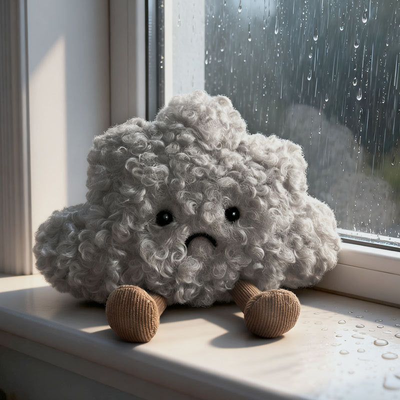 Curly Faux-Fur Traurige Wolken Plüschkissen mit Cord-Beinen und gesticktem Gesicht Karnz