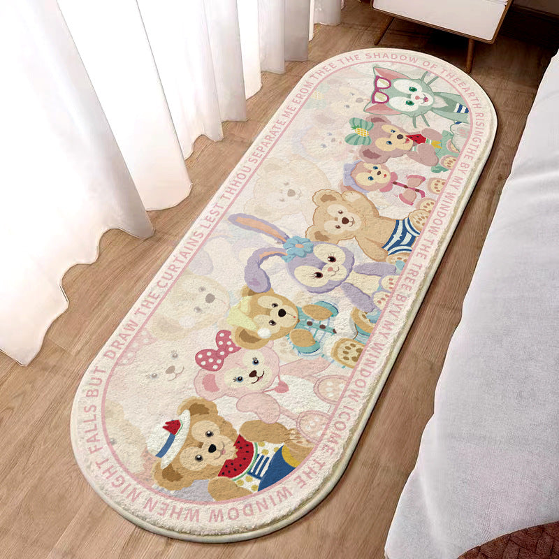 Plush Oval Runner Rug with Cute Cartoon Bear & Friends Print