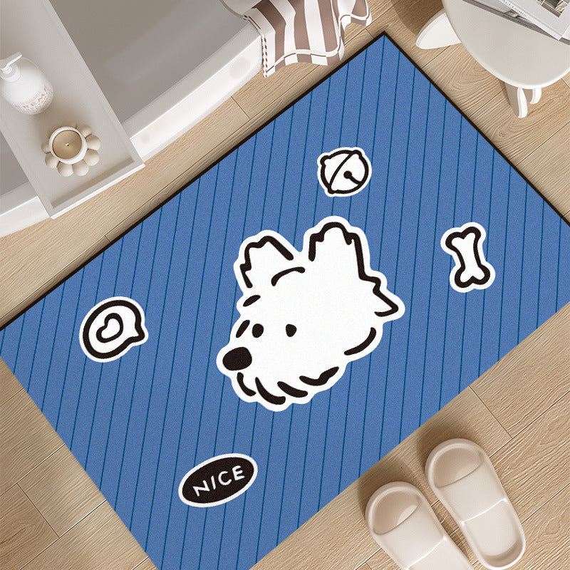 Plush Absorbent Non-Slip Bathroom Door Mat with Cartoon Stretching Cat and Paw Print