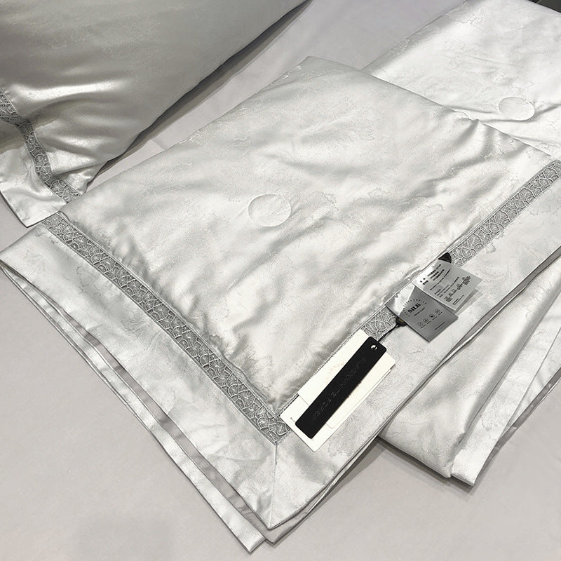 Luxuriöses Satin-Bettwäsche-Set mit Spitzenbordüre und feiner Steppverzierung