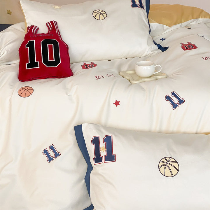 Basketball-Themen Kinder Bettwäsche Set mit Wendbarem Satin-Finish und Gestickten Jersey-Patches