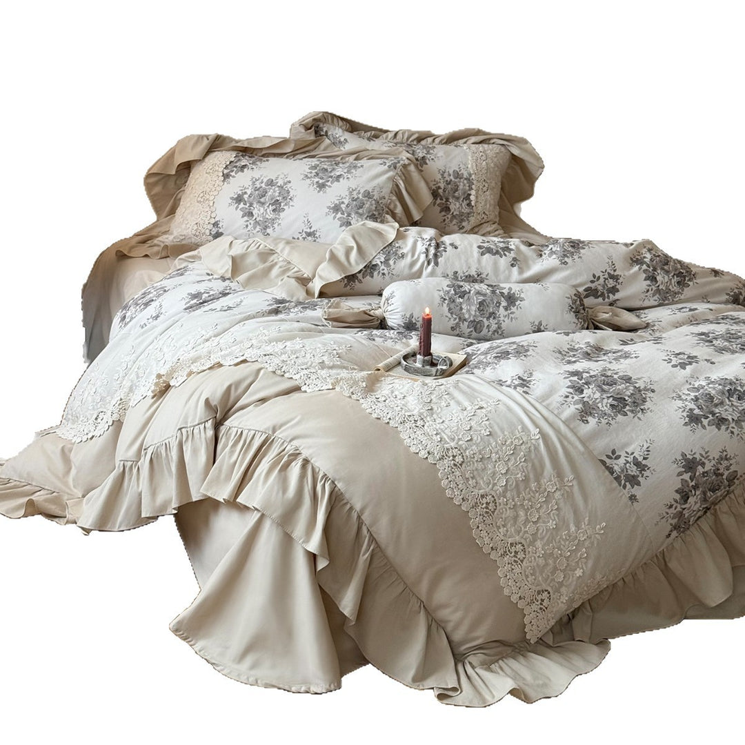 Vintage Floral Spitzenbesatz Rüschende Bettbezug Set