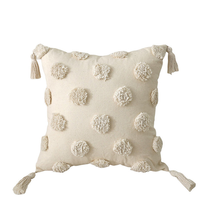 Quadratischer Baumwoll-Leinen Kissenbezug mit 3D‑Pompon‑Tufting und Eckquasten Karnz