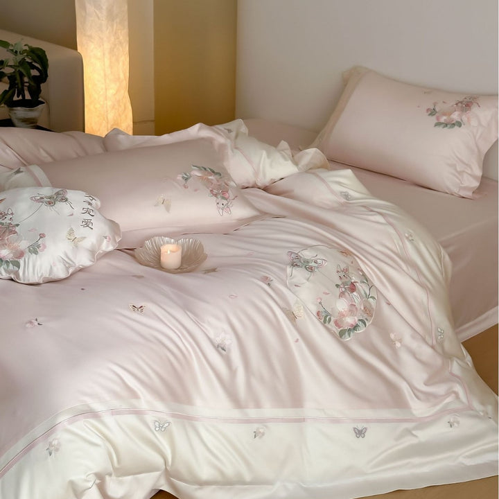 Bestickte Blumen Satin Bettbezug Set