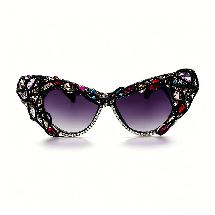 Damen Cat-Eye-Sonnenbrille mit funkelndem Kristallrahmen und kunstvollen Verzierungen Karnz